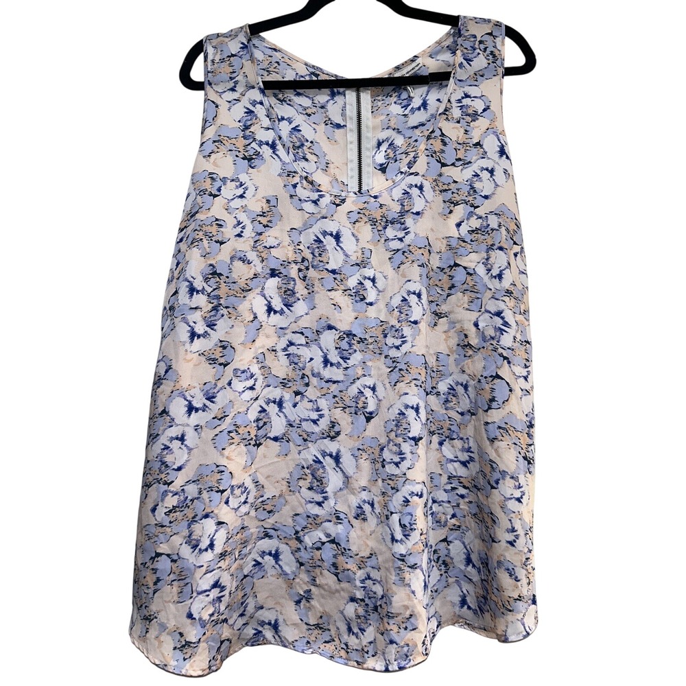 French Connection Sleeveless Blouse Ikat Roses Pout Peach‎ Blue Women's Size 2X - Picture 2 of 7